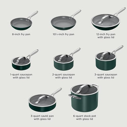 Ninja Ceramic Pro 14-Piece Cookware Set, Non-Stick Pots & Pans Set with Glass Lids, Nontoxic, PTFE Free, Ceramic Coated, Oven Safe, All Stovetops & Induction Compatible, British Racing Green CW39011GN