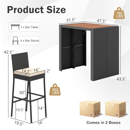 RELAX4LIFE 5-Piece Outdoor Bar Set - Wicker Rattan Bar Height Dining Table w/Acacia Wood Top & 4 Bar Stools Chairs w/Seat Cushions, Backrest, Footrest, Outside Patio Bistro Set for Backyard (47.5'')