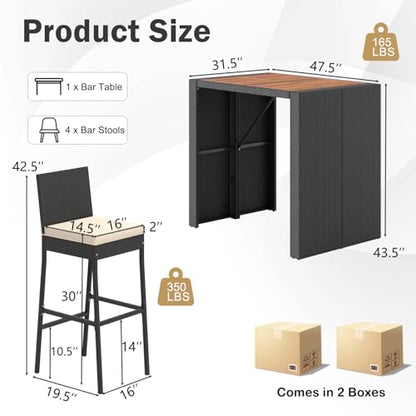 RELAX4LIFE 5-Piece Outdoor Bar Set - Wicker Rattan Bar Height Dining Table w/Acacia Wood Top & 4 Bar Stools Chairs w/Seat Cushions, Backrest, Footrest, Outside Patio Bistro Set for Backyard (47.5'')