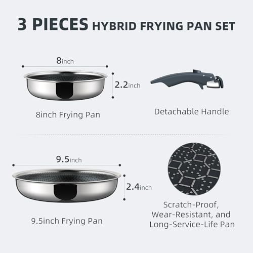 Ciwete Hybrid Non Stick Frying Pans Set 3-Piece, 8 & 9.5 Inch Tri-Ply Stainless Steel Pans Set with Detachable Handle, PFOA Free Kitchen Skillets for All Cooktops, Dishwasher & Oven-Safe Cooking Pan
