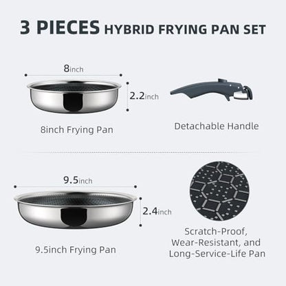 Ciwete Hybrid Non Stick Frying Pans Set 3-Piece, 8 & 9.5 Inch Tri-Ply Stainless Steel Pans Set with Detachable Handle, PFOA Free Kitchen Skillets for All Cooktops, Dishwasher & Oven-Safe Cooking Pan