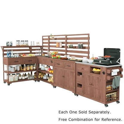 LUMISOL Outdoor Rolling Kitchen Cart with Sink and 2 Movable Shelves, Potting Bench Table with Stainless Table Top, 41.7'' Large Solid Wood Garden Workstation with 1 Bottle Opener, Brown