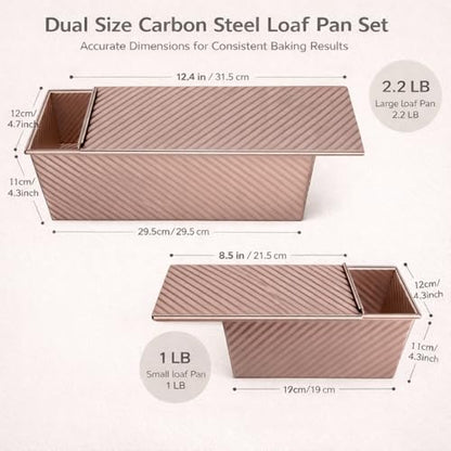 YIWSKJ 3-Pack Bread Pan with Lids, 2.2LB & 1LB & 1LB Dough Capacity, Non-Stick Carbon Steel Pullman Loaf Pan for Baking, Professional Toast Box Mold with Baking Tools - Gold