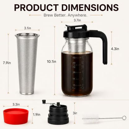 Palksky Cold Brew Coffee Maker, 64 Oz Mason Jar Glass Pitcher with Coffee Grinder Lids, Stainless Steel Filter, Pour Spout Handle, Homemade Iced Coffee Sun Tea Making Set for Home Daily Use
