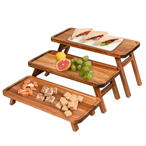 GEHE 3 Tier Serving Tray Acacia Wooden Tiered Tray Stand Foldable Dessert Table Display Set Decor Charcuterie Boards for Party, Birthday, Wedding, Christmas