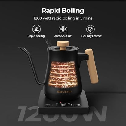 Narcissus P901 Gooseneck Electric Kettle with ±1℉ Temperature Control Function, 1200 Watt Rapid Boiling in 5 Mins, Max 6 Hours Keeping Warm, 304 Stainless Steel Interior, BPA Free, Black