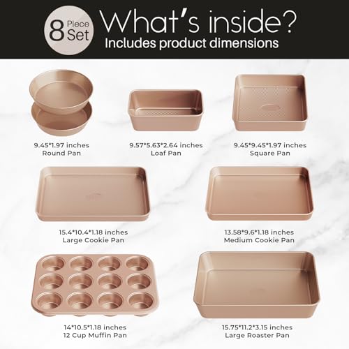Slow Slog Baking Pans Set 8-Piece Bakeware Sets, Baking Sets for Cooking Nonstick Oven Pan Set, Baking Sheet Set, Cookie Sheets for Baking, Muffin Pan, Cookie Sheets (Ceramic Coated Gold)