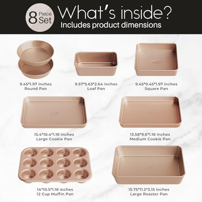 Slow Slog Baking Pans Set 8-Piece Bakeware Sets, Baking Sets for Cooking Nonstick Oven Pan Set, Baking Sheet Set, Cookie Sheets for Baking, Muffin Pan, Cookie Sheets (Ceramic Coated Gold)