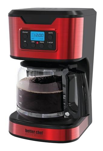 Better Chef Programmable 12-Cup Coffee Maker | 1-4 Cup Setting | Auto-Pause to Serve | 2hr Keep Warm | Perma-Filter | Stainless (Red)