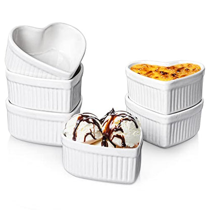 DELLING Heart Shaped Ramekins 6 Oz Oven Safe Set of 6, Porcelain Creme Brulee Dishes - Small Baking Bowls for Souffle Dessert Snack Quiche, Valentines Day Gift, White