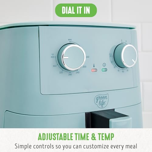 GreenLife 4.5QT Air Fryer, Mechanical Dial Controls, PFAS-Free Ceramic Nonstick Drawer, Adjustable Temp & Timer, LED Indicator, Oil-Less Cooking, Dishwasher Safe, Compact Family Size, Blue