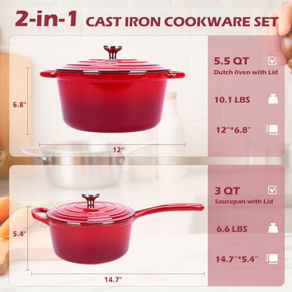 Hisencn Enameled Cast Iron Cookware Set - 2 PC Set of 5.5QT Dutch Ovens, 2QT Sauce Pan, Dutch Oven Set, Ceramic Coated Cast Iron, Heavy Duty, Gas/Induction Compatible,Red