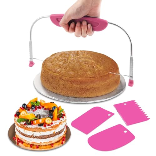 Adjustable Cake Leveler Cutter With 3PCS Cake Scrapers Set,Baking Supplies Tool for Kitchen,Large Size Cake-Cutter Slicer for Leveling,Single Stainless Steel Wire & Plastic Handle(COLOR:Rose Red)