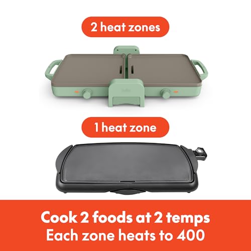 Bella 10"x 20" Ceramic Fold-n-Store Dual Temp Griddle, Fits-anywhere™ Kitchenware, EverGood Ceramic Nonstick Coating, 2 Temperature Zones up to 400°F, Dishwasher Safe Drip Tray, 1500 Watt, Seaglass