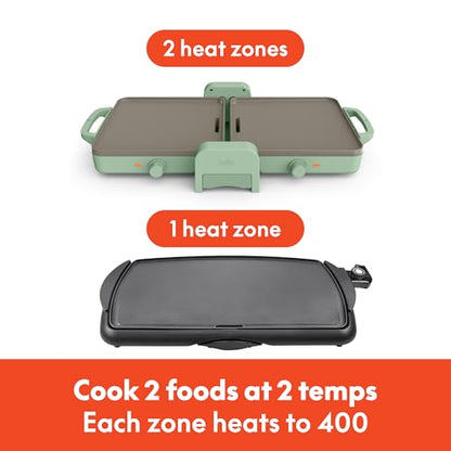 Bella 10"x 20" Ceramic Fold-n-Store Dual Temp Griddle, Fits-anywhere™ Kitchenware, EverGood Ceramic Nonstick Coating, 2 Temperature Zones up to 400°F, Dishwasher Safe Drip Tray, 1500 Watt, Seaglass