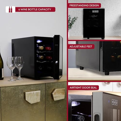 Koolatron 6 Bottle Wine Fridge – Freestanding Wine Cooler with Glass Door, 0.6 cu ft (16 L) Beverage Can Refrigerator, Digital Temperature Control, Ideal for Red, White & Sparkling Wine, Champagne