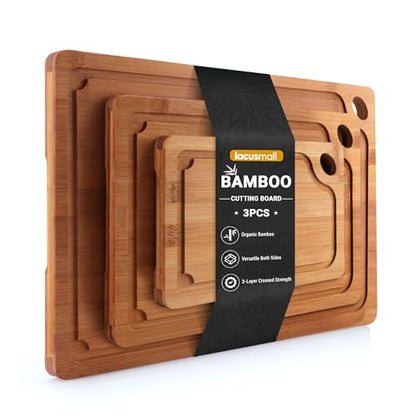 Lacusmall Bamboo Cutting Board for Kitchen, 3Pcs Thickened Wooden Cutting Board Set with Deep Juice Groove, Built-in Handles Durable Chopping Boards for Separating Meat, Vegetables, Fruits, Ideal Gift