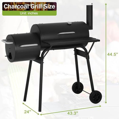BLKMTY 43" Charcoal Grills Outdoor BBQ Grill with Offset Smoker Camping Portable Grill Camping Barbecue Grills with Side Fire Box for 6-10 People Patio Backyard Picnic BBQ, Black