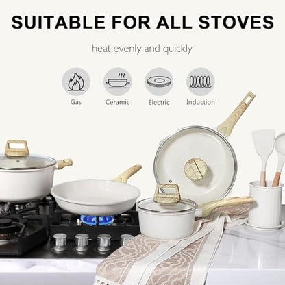 GiPP Ceramic Pots and Pans Set Non Stick - 18 Pcs Nonstick Cookware Set, Non-toxic Healthy Kitchen Cooking Set w/Frying Pans Set, Dishwasher Safe, PFAS PTFE PFOA PFOS Free, Cream White
