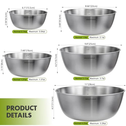 Greentainer 5-Piece Stainless Steel Mixing Bowls Set for Kitchen, Nesting Bowls with Measurement Markings for Baking, Prepping, Cooking and Serving Food, Metal Mixing Bowls Dishwasher Safe