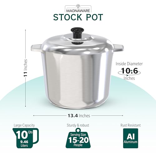 MAGNAWARE 10 Quart Cast Aluminum Stock Pot with Lid - Durable & Lightweight Soup Pot with Even Heat Distribution & Retention - Professional Cookware Stockpot with Silicone Handle Covers