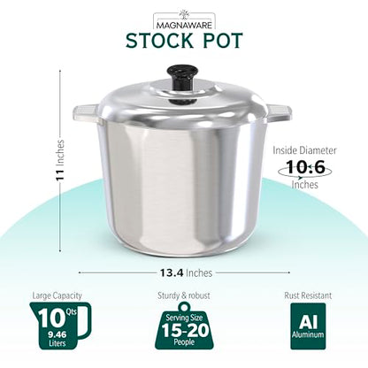 MAGNAWARE 10 Quart Cast Aluminum Stock Pot with Lid - Durable & Lightweight Soup Pot with Even Heat Distribution & Retention - Professional Cookware Stockpot with Silicone Handle Covers