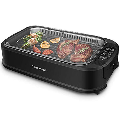 Indoor Grill, Techwood 1500W Smokeless Electric Grill with Tempered Glass Lid, Compact & Portable Non-Stick BBQ Grill with 6-Level Control, Dishwasher Safe, Black