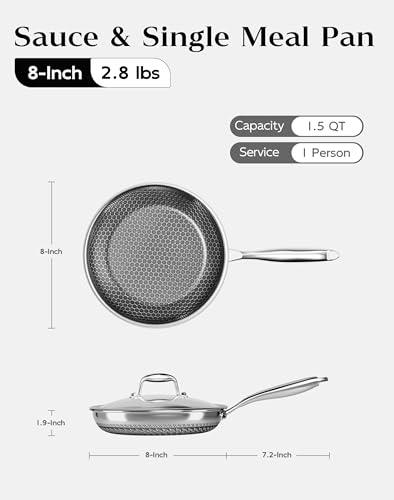 XBM Nonstick Frying Pan with Lid 7-Inch, Durable Stainless Steel Skillet, Induction Cooktop Compatible, PFOA-Free Scratch-Proof, Dishwasher & Oven Safe, Stay-Cool Handle, Silver Kitchen Cookware
