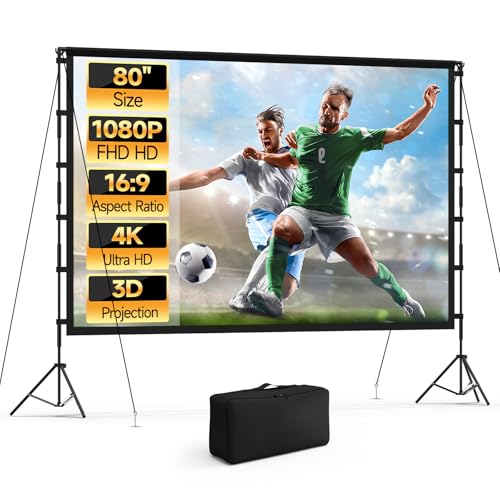Outdoor Projector Screen with Stand, 80 Inch, 16:9 4K HD Portable Projector Screen Outdoor Indoor with Carry Bag for Backyard Movie Night