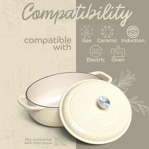 Segretto Cookware Enameled Cast Iron Oval Dutch Oven, 7 Quarts White