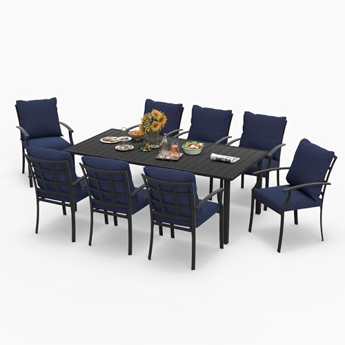 HAPPATIO 9-Piece Patio Dining Set, Outdoor Dining Set with Powder-Coated Metal,Dining Table with Umbrella Hole, 8 Stackable Chairs with Removable Cushions for Porch Poolside Garden,Navy Blue