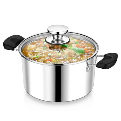 5 Quart 3-Ply Cooking Stock Pot with Lid, P&P CHEF Stainless Steel Large Pot for Pasta Soup, Work on Multi Stove, Heavy Duty & Dishwasher Safe, Dual Heat-resistant Handles & Transparent Glass Lid