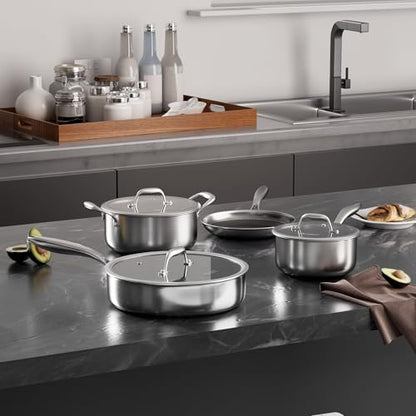 COOKER KING 7 PCS Stainless Steel Cookware Set, Pots and Pans Set Non Stick, Hybrid Cookware,Non-Stick Frying Pan, Saucepan, Saute Pan & Stockpot, Non-Toxic, Oven Safe, Induction Compatible