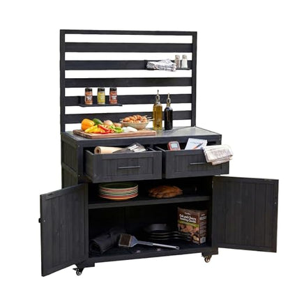 Oevsld 64.9" Farmhouse Wood Outdoor Cabinet with Stainless Steel Tabletop, Large Kitchen Island on Wheels with Hutch, Prep Station for Big Green Egg, BBQ Grill Table & Garden Work Bench