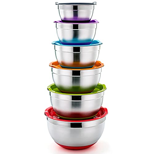 P&P CHEF Mixing Bowls With Lids, Set of 6, Stainless Steel Nesting Mixing Bowls & Fitting Lids & Non-Slip Silicone Bottom, Ideal for Mixing, Storing, Size 0.7/1/1.5/2.5/3/4.6 Qt, Multicolor