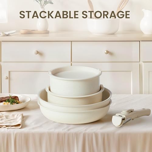 Simple Deluxe 12 Pcs Non-Stick Cookware Set, with Beige Granite Texture and Detachable Handles, Resistant to High Temperatures, Oven Safe, PFAS and PFOA Free