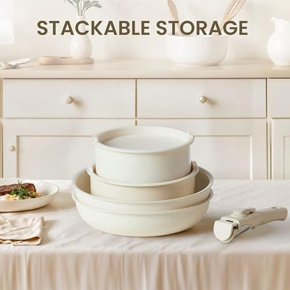 Simple Deluxe 12 Pcs Non-Stick Cookware Set, with Beige Granite Texture and Detachable Handles, Resistant to High Temperatures, Oven Safe, PFAS and PFOA Free