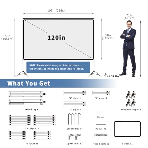 VISULAPEX Projector Screen with Stand 120 Inch, 16:9 4K HD Portable Projector Screen Indoor Outdoor, Foldable Wrinkle-Free Movie Screen 160° Front Rear Projection Screen with Carry Bag for Home Movie