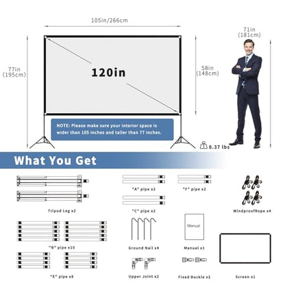 VISULAPEX Projector Screen with Stand 120 Inch, 16:9 4K HD Portable Projector Screen Indoor Outdoor, Foldable Wrinkle-Free Movie Screen 160° Front Rear Projection Screen with Carry Bag for Home Movie