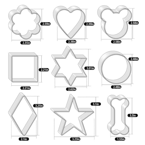 Metal Cookie Cutters Set 9Pcs - Stainless Steel Cookie Cutters includes Heart, Flower, Mouse, Round, Star, Square, Dog Bone Shapes for Baking or Party Decorations