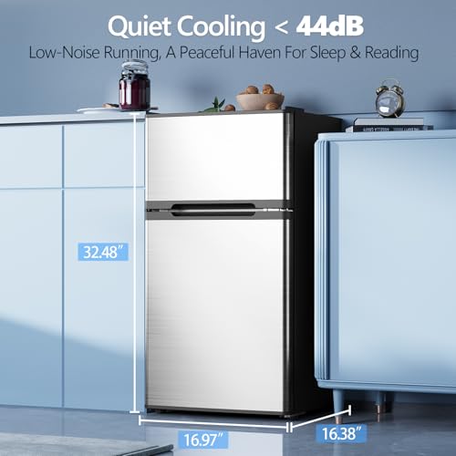 Electactic 2.5 Cu.Ft Mini Fridge with Freezer, Double-Door Compact Refrigerator, Adjustable Glass Shelves, Mechanical Thermostat & Leveling Feet, Space-Saving for Apartment/Dorm/Office, Silver