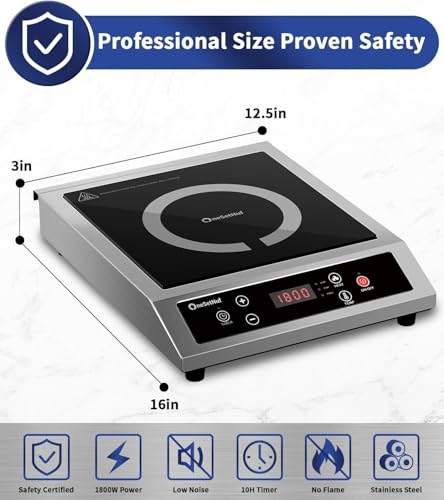 Stainless Steel Induction Cooktop, Professional-Grade Portable Induction Burner with Precise Temperature Control, 10-Hour Timer, 1800W Powerful Countertop Hot Plate