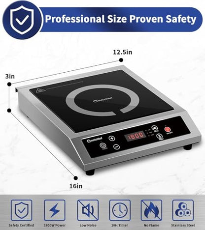 Stainless Steel Induction Cooktop, Professional-Grade Portable Induction Burner with Precise Temperature Control, 10-Hour Timer, 1800W Powerful Countertop Hot Plate
