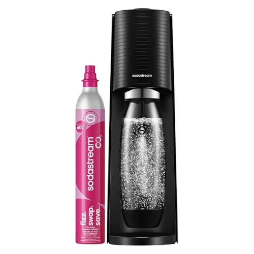SodaStream Terra Sparkling Water Maker Machine, with 1 Litre Reusable BPA-Free Water Bottle for Carbonating & 60 Litre Quick Connect CO2 Gas Cylinder – Black