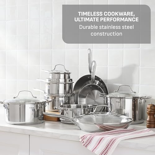 T-fal Gourmet 15-Piece Stainless Steel Cookware Set, Pots and Pans Cooking Set, Dishwasher Safe, Oven Safe to 500°F, Induction Compatible, Stock Pot, Sauce, Saute, Frying Pans, Silver