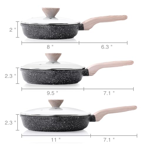 Kordisen Nonstick Frying Pan Set with Lids, 3 Piece Skillet Set, Healthy Induction Cooking Pan, Stay-Cool Handle, Compatible with All Stovetops, PFOA Free (8, 9.5, 11 Inch)