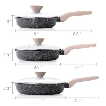 Kordisen Nonstick Frying Pan Set with Lids, 3 Piece Skillet Set, Healthy Induction Cooking Pan, Stay-Cool Handle, Compatible with All Stovetops, PFOA Free (8, 9.5, 11 Inch)