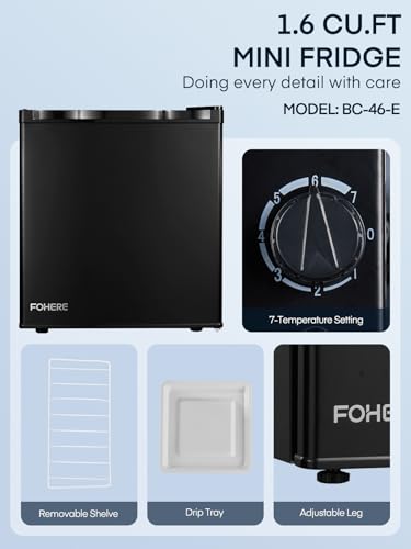 FOHERE Mini Fridge with Freezer, 1.6 Cu.ft Compact Small Drinks Refrigerator for Bedroom Single Door, Energy Saving 7-Level Adjustable Thermostat Dorm Fridge, for Apartment, Black
