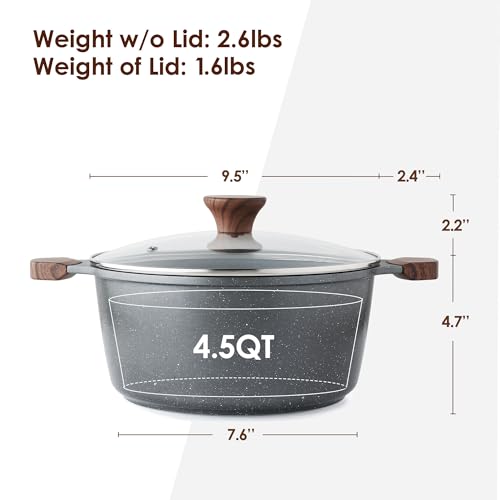 SENSARTE Nonstick Stock Pot with Lid, 4.5 Quart Induction Cooking Pot with Tempered Glass Lid, Stew Pot with Swiss Nonstick Granite Coating, PFOA PFOS APEO Free, Gray