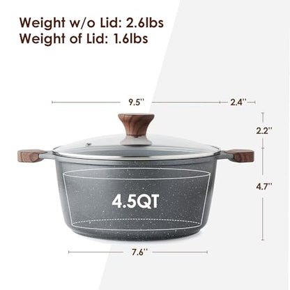 SENSARTE Nonstick Stock Pot with Lid, 4.5 Quart Induction Cooking Pot with Tempered Glass Lid, Stew Pot with Swiss Nonstick Granite Coating, PFOA PFOS APEO Free, Gray